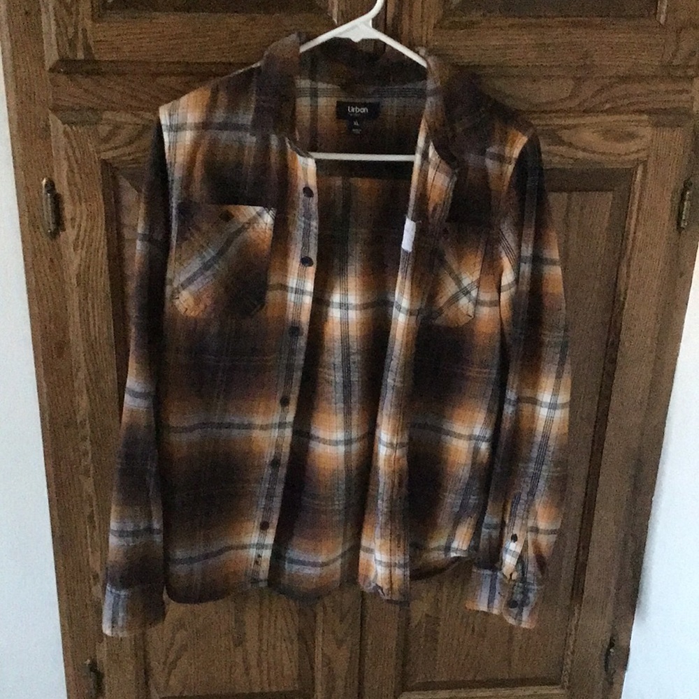 Boys burnt orange, black & white button up flannel; size XL.